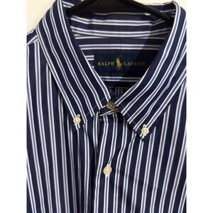 Ralph Lauren Button Down Shirt Mens Large Navy Blue White Striped  Long Sleeve